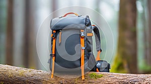 Black and orange hiking backpack in forest