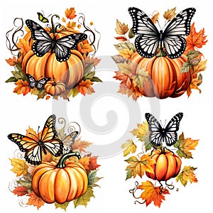 black and orange monarch butterfly, pumpkins, leaves, white background, Generative AI
