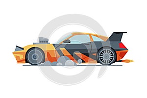 Black and Orange Sport Racing Car, Side View, Fast Motor Racing Bolid Vector Illustration