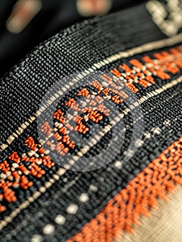 Black and orange striped fabric with a pattern of flowers
