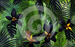 Black orchids on a tree in the rainforest. Generative Al Illustration