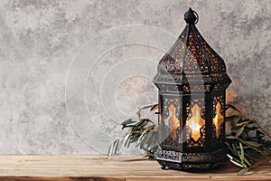 Black ornamental Moroccan, Arabic lantern. Green olive leaves, branches on old wooden table, blurred grunge wall