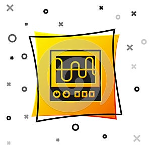 Black Oscilloscope measurement signal wave icon isolated on white background. Yellow square button. Vector