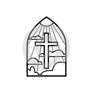 Black outline church window with cross, vector illustration