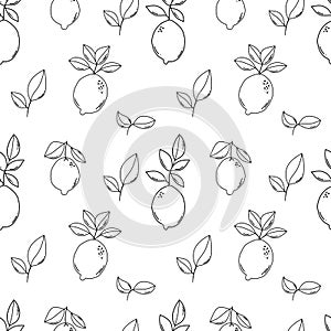 Black outline doodle lemons and leaves seamless pattern