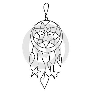 Black outline dream catcher in modern boho style. Vector magic illustrations. Hand drawn mystical line art isolated on