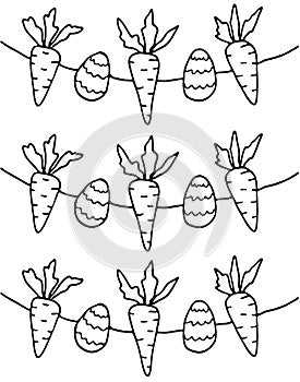 Black outline Easter garland with eggs and carrot. Monochrome vector illustration for cards, mugs, decor, shirt design