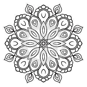 Black outline flower mandala. Doodle round decorative element for coloring book isolated.