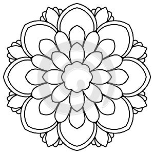 Black outline flower mandala. Doodle round decorative element for coloring book isolated on white background.