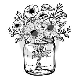 Black outline flowers bouquet in the mason jar, botanical vector illustration. Summer floral line art drawing.