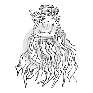 Black outline hand-drawn artwork of jellyfish with cute houses and stars. Sea animal vector illustration.