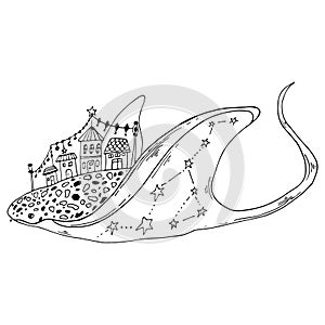 Black outline hand-drawn artwork of stingray with cute houses and stars. Sea animal vector illustration.