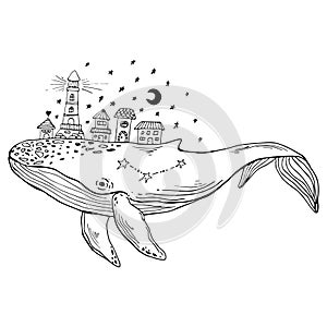 Black outline hand-drawn artwork of whale with cute houses in its back. Galaxy and sea animal vector illustration.