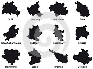 Black outline maps of the 12 most populous cities of the Federal Republic of Germany