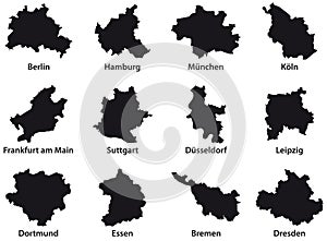 Black outline maps of the 12 most populous cities of the Federal Republic of Germany photo