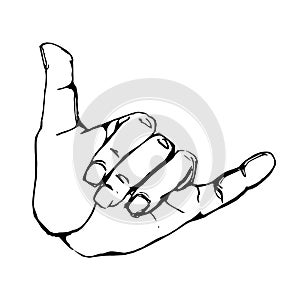 Black outline realistic shaka hand gesture icon graphic