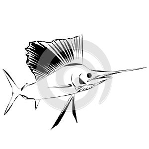 A black outline of a sailfish or billfish