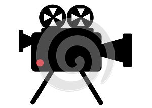 A black outline silhouette symbol shape of an old cine vintage film video playback camera white backdrop