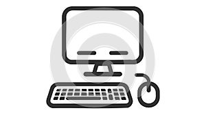 Black outlined vector illustration of a desktop computer with a monitor, keyboard, and mouse
