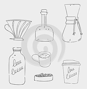 Black outlines of delicious coffee, bottles, containers, dishes, beans, cups, mugs.