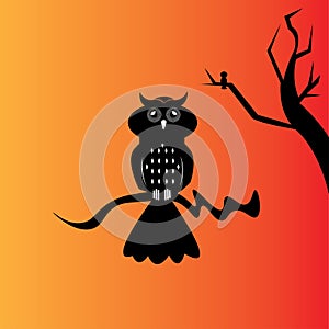 Black owl illustration, tree, night. design vector
