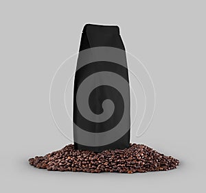 Black packaging mockup on coffee beans, isolated on background