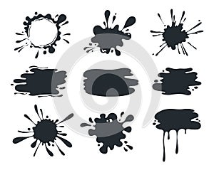 Black paint blob. Brush pen splatter shapes, current paint stains, liquid dripping melted chocolate. Vector paint drip