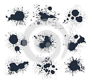 Black paint drops. Ink splashes and spots, abstract ink splatters. Writing ink grunge drops silhouettes flat vector illustration