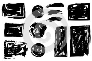 Black paint forms. Inky lines grunge shapes. Abstract brush strokes. Vector image.