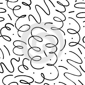 Black paint freehand scribbles vector seamless pattern. Wavy lines and round shapes, dry brush stroke texture.