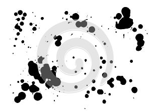 Black paint, ink splash, brushes ink droplets, blots. Black ink splatter grunge background, isolated on white. Vector illustratio