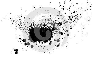 Black paint, ink splash, brushes ink droplets, blots. Black ink splatter grunge background, isolated on white. Vector illustratio photo