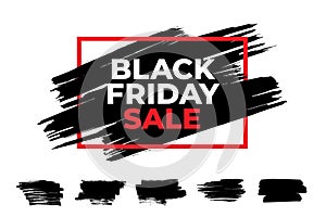 Black paint strokes brush, ink stain, box frame. Black friday sale text banner. Watercolor grunge texture, dirty background. Art