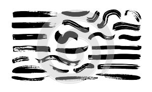 Black paint wavy and straight brush strokes vector collection. Dirty curved lines and wavy brushstrokes.