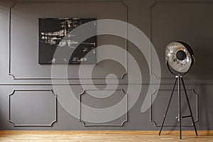 Black painting on grey wall with molding in dark apartment inter