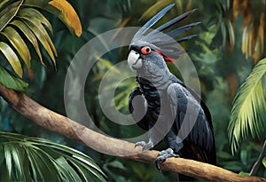 Black palm cockatoo parrot on a branch in jungle. The beauty of wild nature