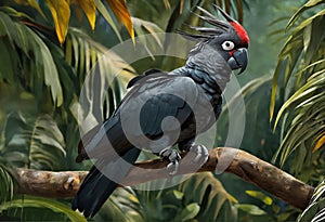 Black palm cockatoo parrot on a branch in jungle. Exotic bird wallpaper
