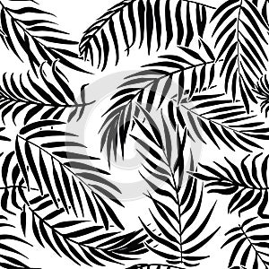 Black palm leaves on white background. Tropical silhouette seamless vector pattern.