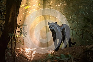 Black panther in a beautiful sunlit forest with golden light rays