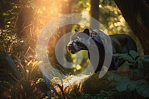 Black panther in a beautiful sunlit forest with golden light rays