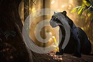 Black panther in a beautiful sunlit forest with golden light rays