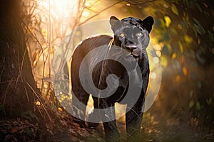 Black panther in a beautiful sunlit forest with golden light rays