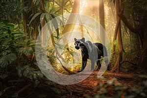Black panther in a beautiful sunlit forest with golden light rays
