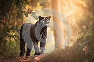 Black panther in a beautiful sunlit forest with golden light rays