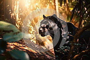 Black panther in a beautiful sunlit forest with golden light rays