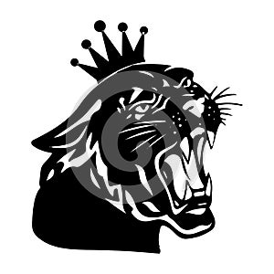 Black panther with crown on his head and open mouth, on white ba