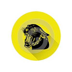 Black panther with crown on his head and open mouth, yellow round icon in a flat style on a white background,