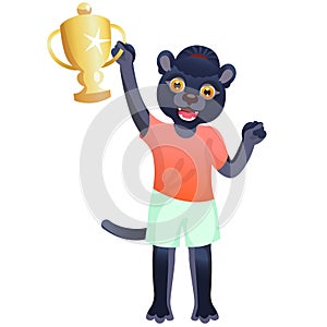 The black panther girl in sport uniform cheering with goblet is on the white background