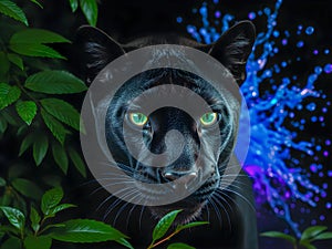 Black panther with green eyes in a dark forest 3d rendering