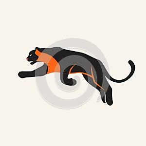 Black panther illustration, sleek big cat jumping, stylized feline design. Minimalistic graphic